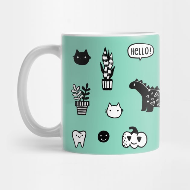 Funny set with cat, dino, pumpkin, tooth, star, plant, cacti by kostolom3000